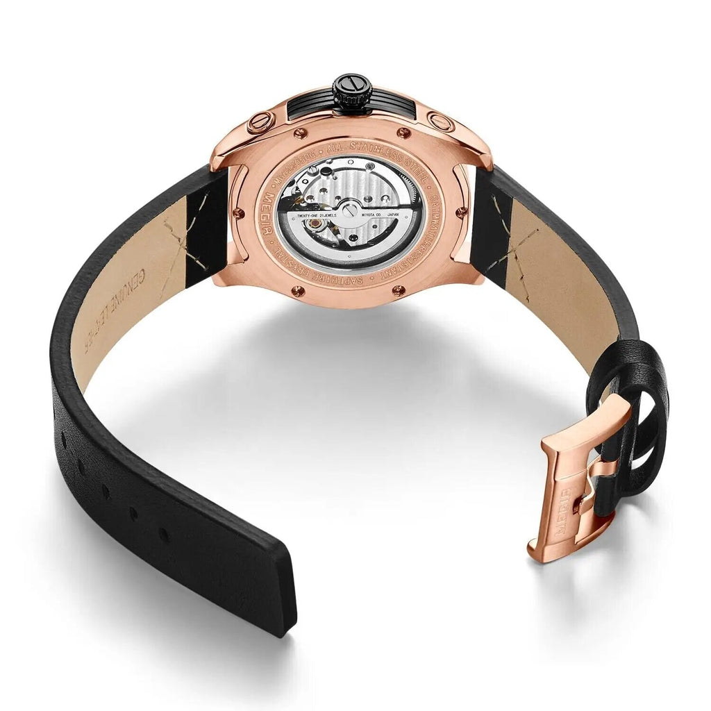 MEGIR 62050 men's automatic watch exhibition caseback showing the movement, with black leather strap and buckle
