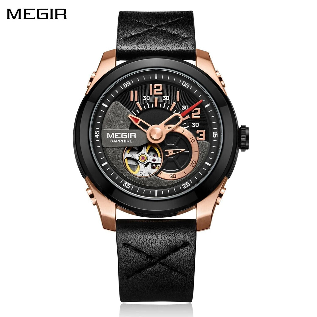 MEGIR 62050 men's automatic watch, rose-gold and black case, black open-heart dial and black leather strap, front view