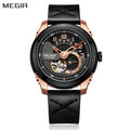 MEGIR 62050 men's automatic watch, rose-gold and black case, black open-heart dial and black leather strap, front view