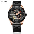 MEGIR 62050 men's automatic watch, rose-gold and black case, black open-heart dial and black leather strap, front view
