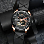 MEGIR 62050 men's automatic watch, rose-gold and black case, black open-heart dial and black leather strap, styled front view