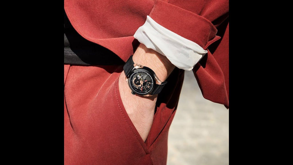 MEGIR 62050 men's automatic watch, rose-gold and black case, black open-heart dial and black leather strap, worn