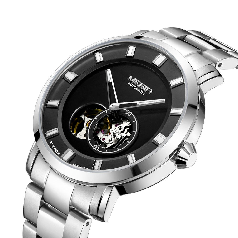 MEGIR 62052 men's skeleton automatic watch, silver case and bracelet with black open-heart dial, angled view