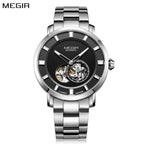 MEGIR 62052 men's skeleton automatic watch, silver case and bracelet with black open-heart dial, front view