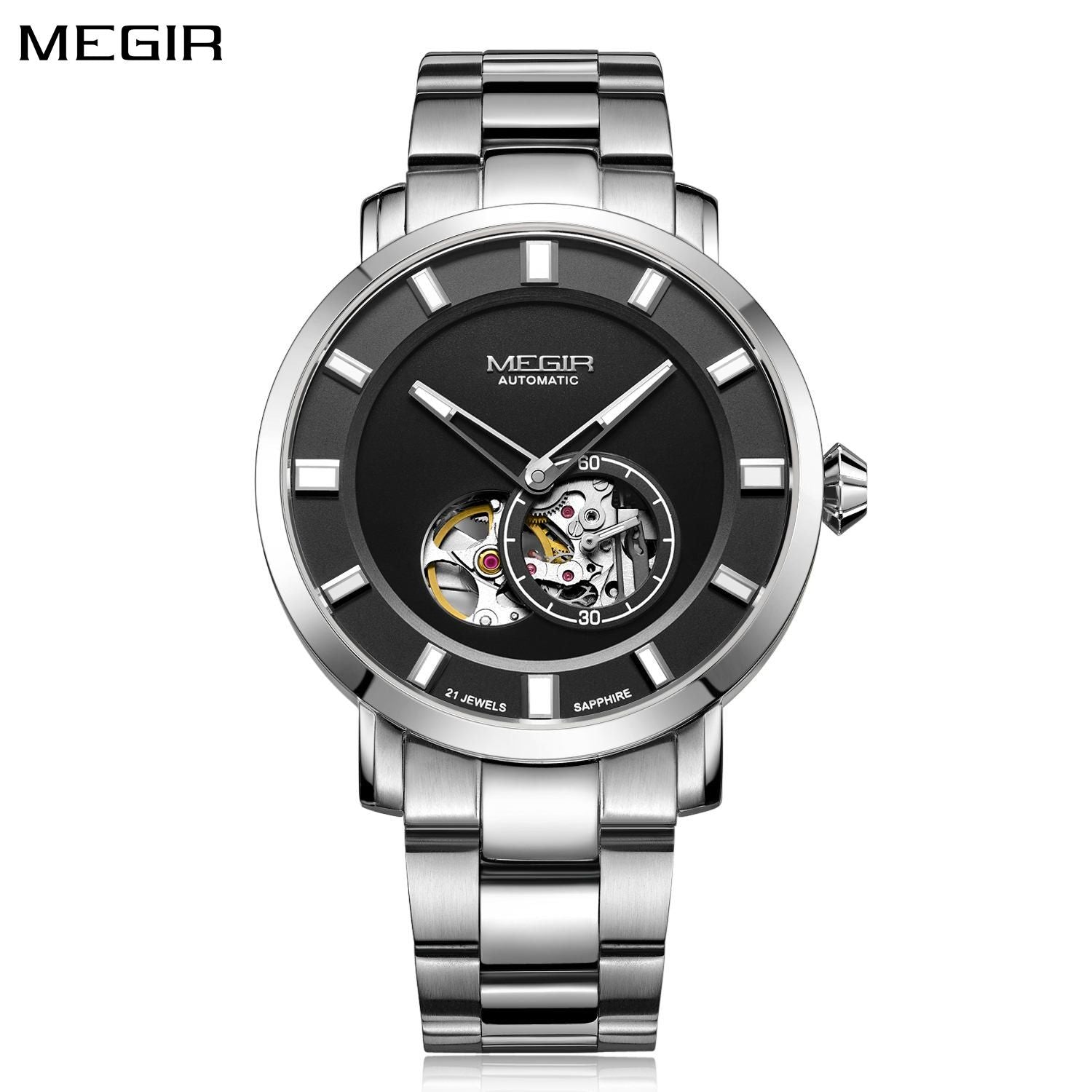 MEGIR 62052 men's skeleton automatic watch, silver case and bracelet with black open-heart dial, front view
