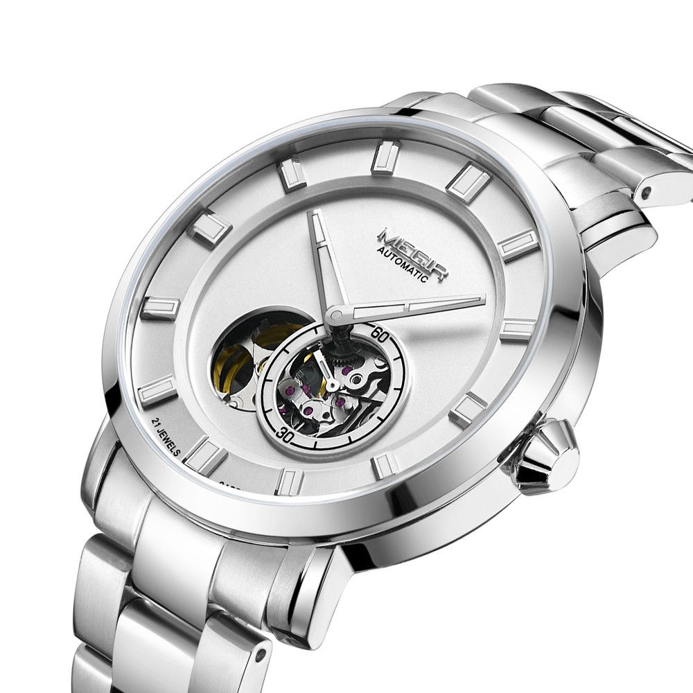 MEGIR 62052 men's skeleton automatic watch, silver case and bracelet with white open-heart dial, angled view