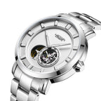 MEGIR 62052 men's skeleton automatic watch, silver case and bracelet with white open-heart dial, angled view