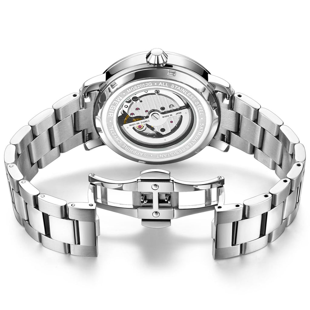 MEGIR 62052 men's skeleton automatic watch exhibition caseback showing the movement, with silver bracelet and clasp