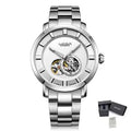 MEGIR 62052 men's skeleton automatic watch, silver case and bracelet with white open-heart dial, with gift box