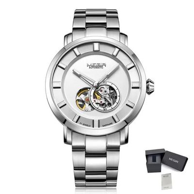 MEGIR 62052 men's skeleton automatic watch, silver case and bracelet with white open-heart dial, with gift box