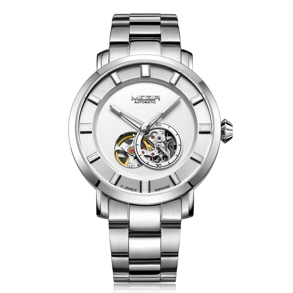 MEGIR 62052 men's skeleton automatic watch, silver case and bracelet with white open-heart dial, front view