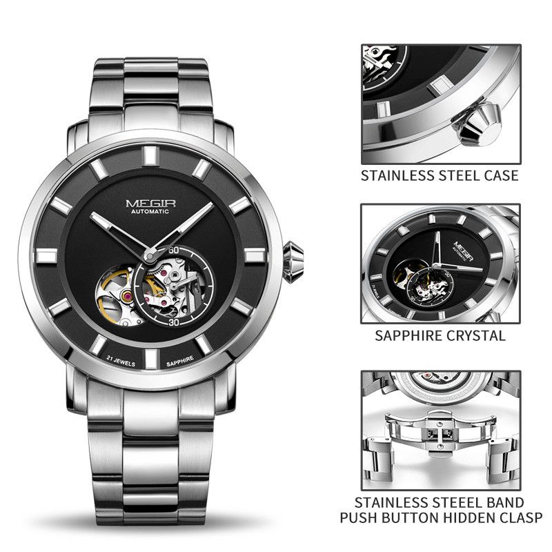 MEGIR 62052 men's skeleton automatic watch feature graphic showing stainless case, crystal and bracelet clasp