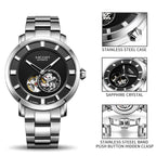 MEGIR 62052 men's skeleton automatic watch feature graphic showing stainless case, crystal and bracelet clasp