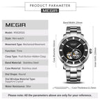 MEGIR 62052 men's skeleton automatic watch parameters graphic with case diameter, thickness and band dimensions