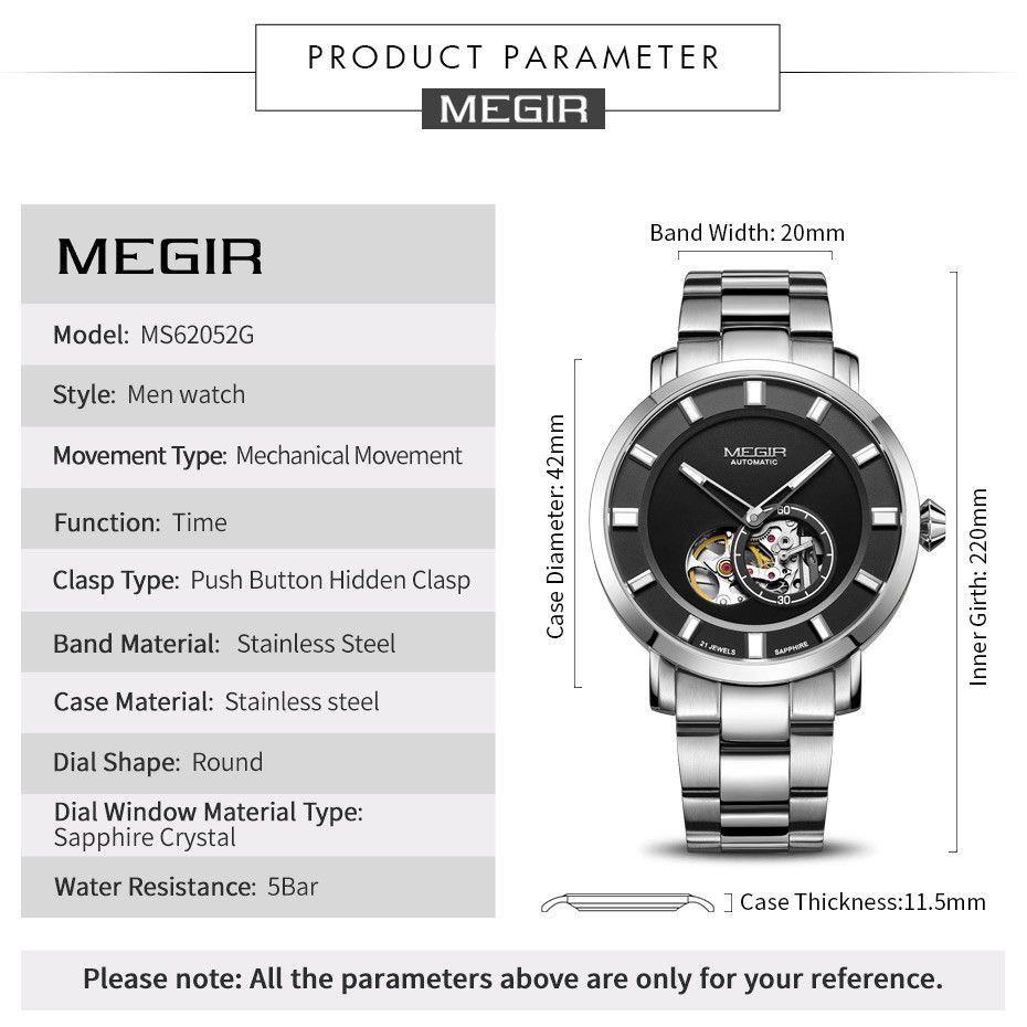 MEGIR 62052 men's skeleton automatic watch parameters graphic with case diameter, thickness and band dimensions