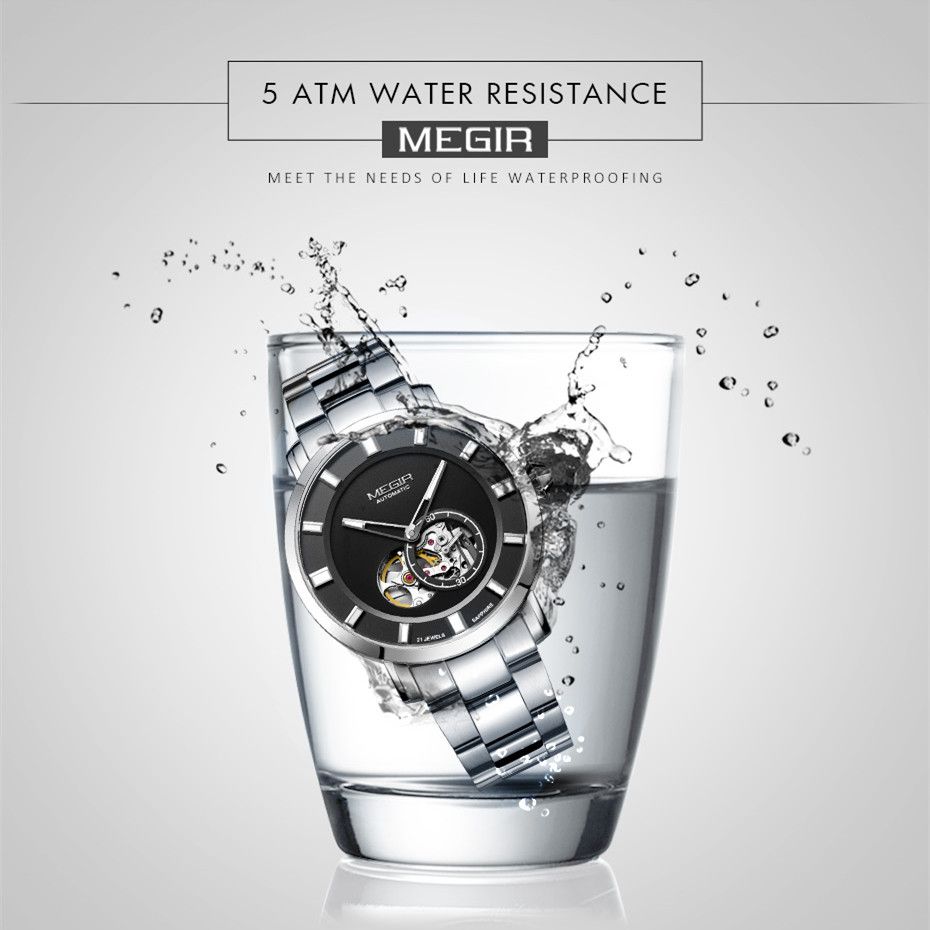 MEGIR 62052 men's skeleton automatic watch water-resistance feature graphic, silver case with black open-heart dial
