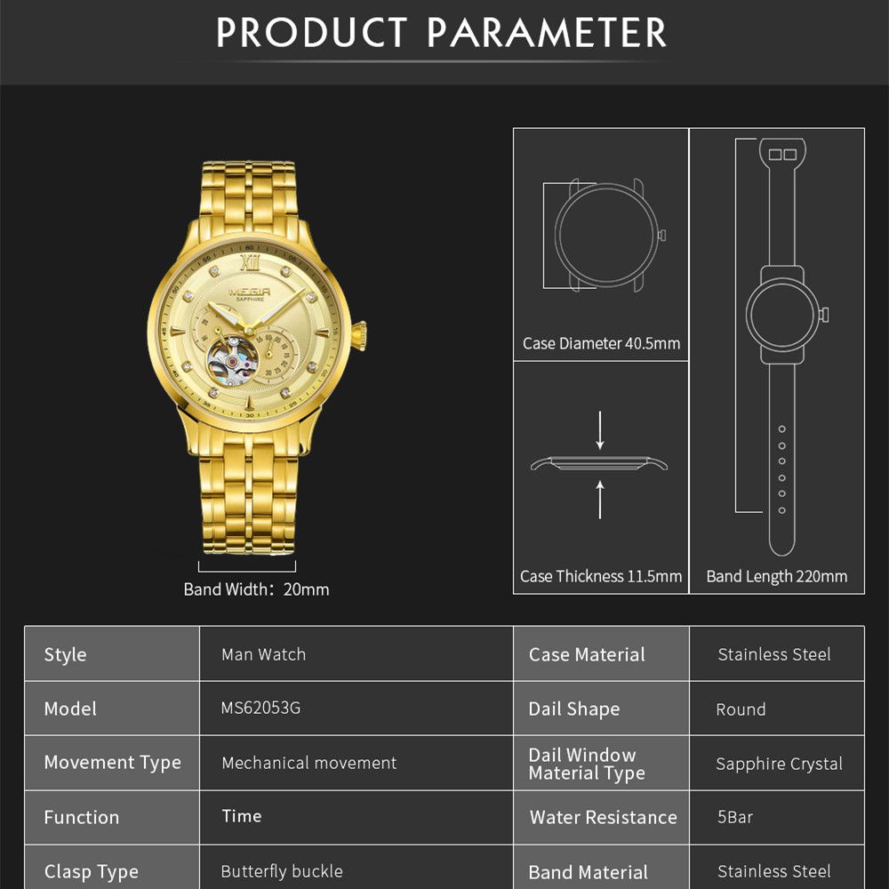 MEGIR 62053 men's automatic watch parameters graphic with case diameter, thickness and band dimensions