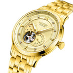 MEGIR 62053 men's automatic watch, gold-tone case and bracelet with gold open-heart dial and sub-dial, angled view