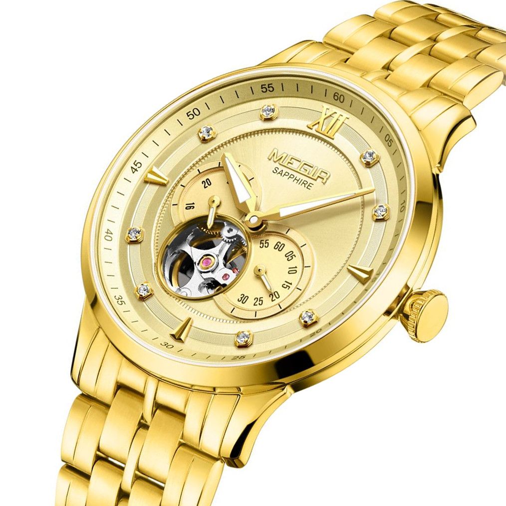 MEGIR 62053 men's automatic watch, gold-tone case and bracelet with gold open-heart dial and sub-dial, angled view