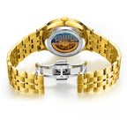 MEGIR 62053 men's automatic watch exhibition caseback showing the movement, with gold-tone bracelet and clasp