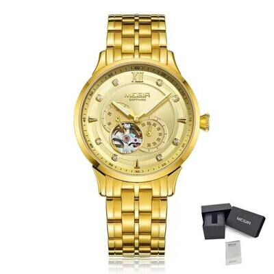 MEGIR 62053 men's automatic watch, gold-tone case and bracelet with gold open-heart dial, with gift box