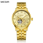 MEGIR 62053 men's automatic watch, gold-tone case and bracelet with gold open-heart dial and sub-dial, front view