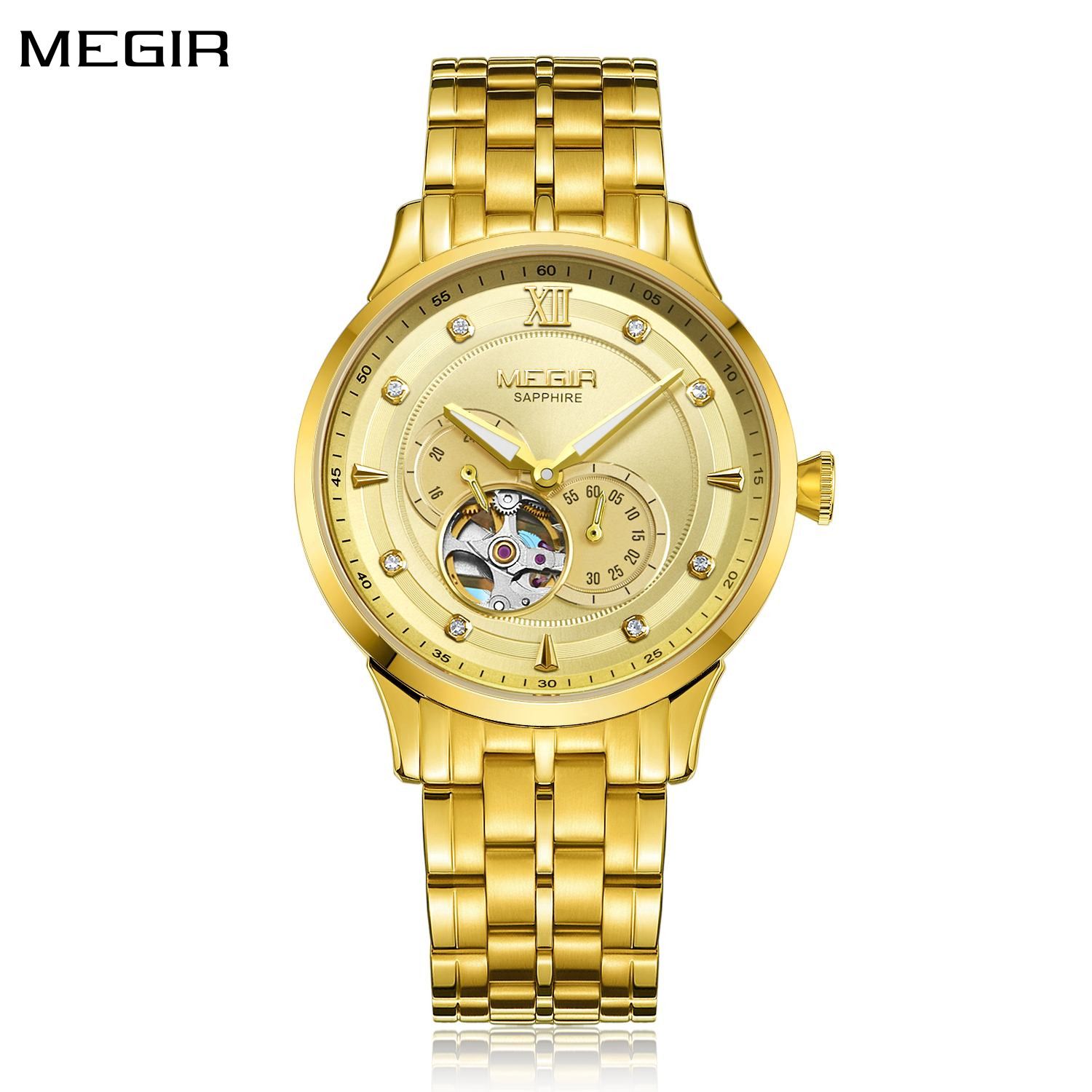 MEGIR 62053 men's automatic watch, gold-tone case and bracelet with gold open-heart dial and sub-dial, front view