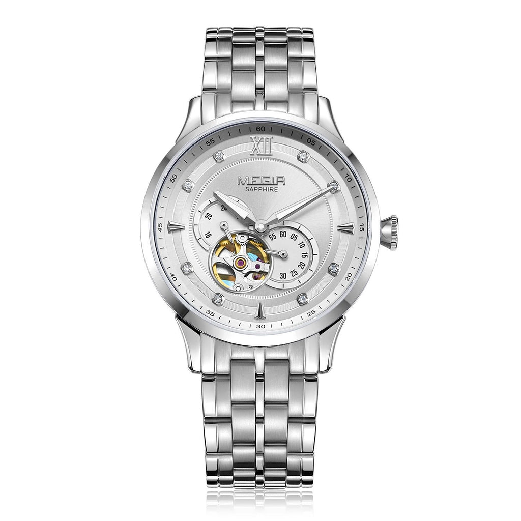 MEGIR 62053 men's automatic watch, silver case and bracelet with white open-heart dial and sub-dial, front view