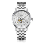 MEGIR 62053 men's automatic watch, silver case and bracelet with white open-heart dial and sub-dial, front view