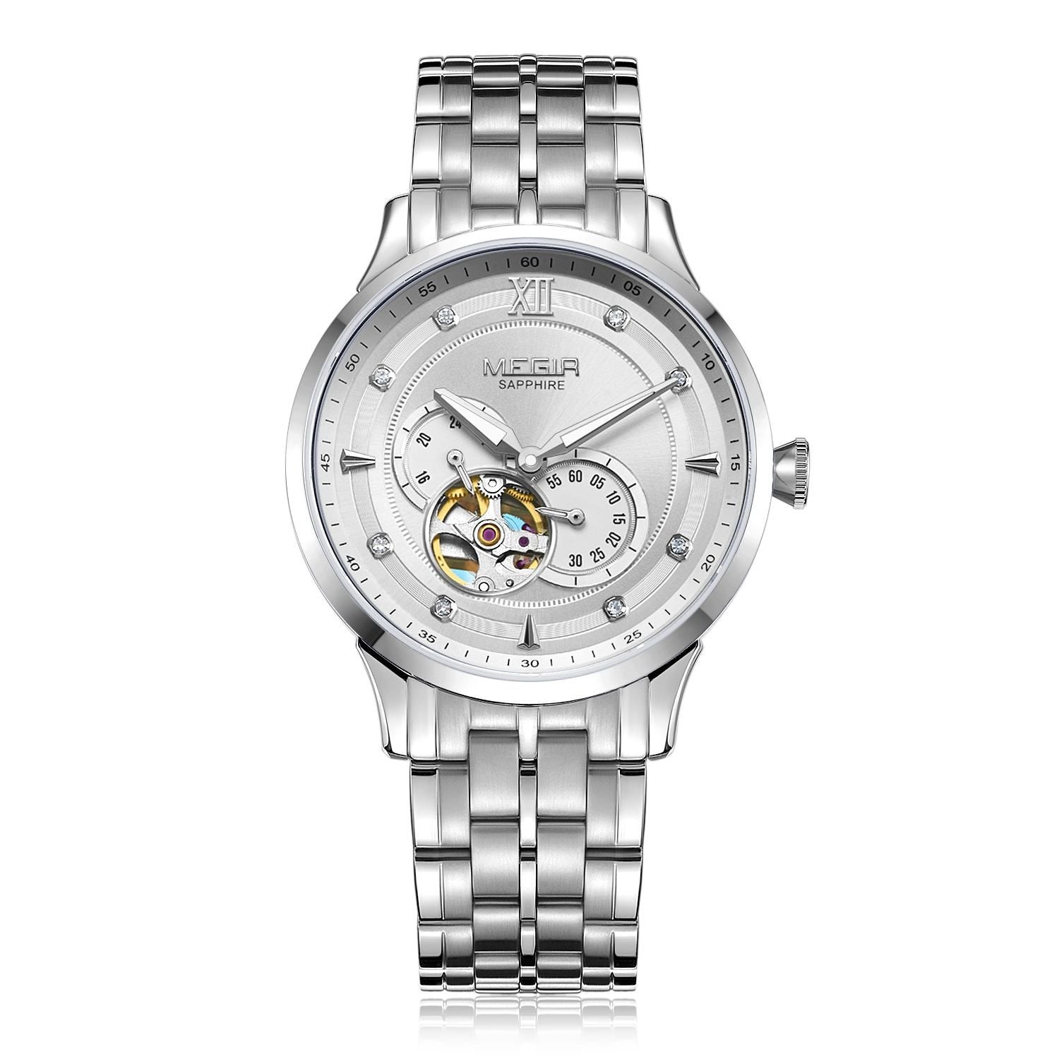 MEGIR 62053 men's automatic watch, silver case and bracelet with white open-heart dial and sub-dial, front view