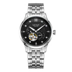 MEGIR 62053 men's automatic watch, silver case and bracelet with black open-heart dial and sub-dial, front view