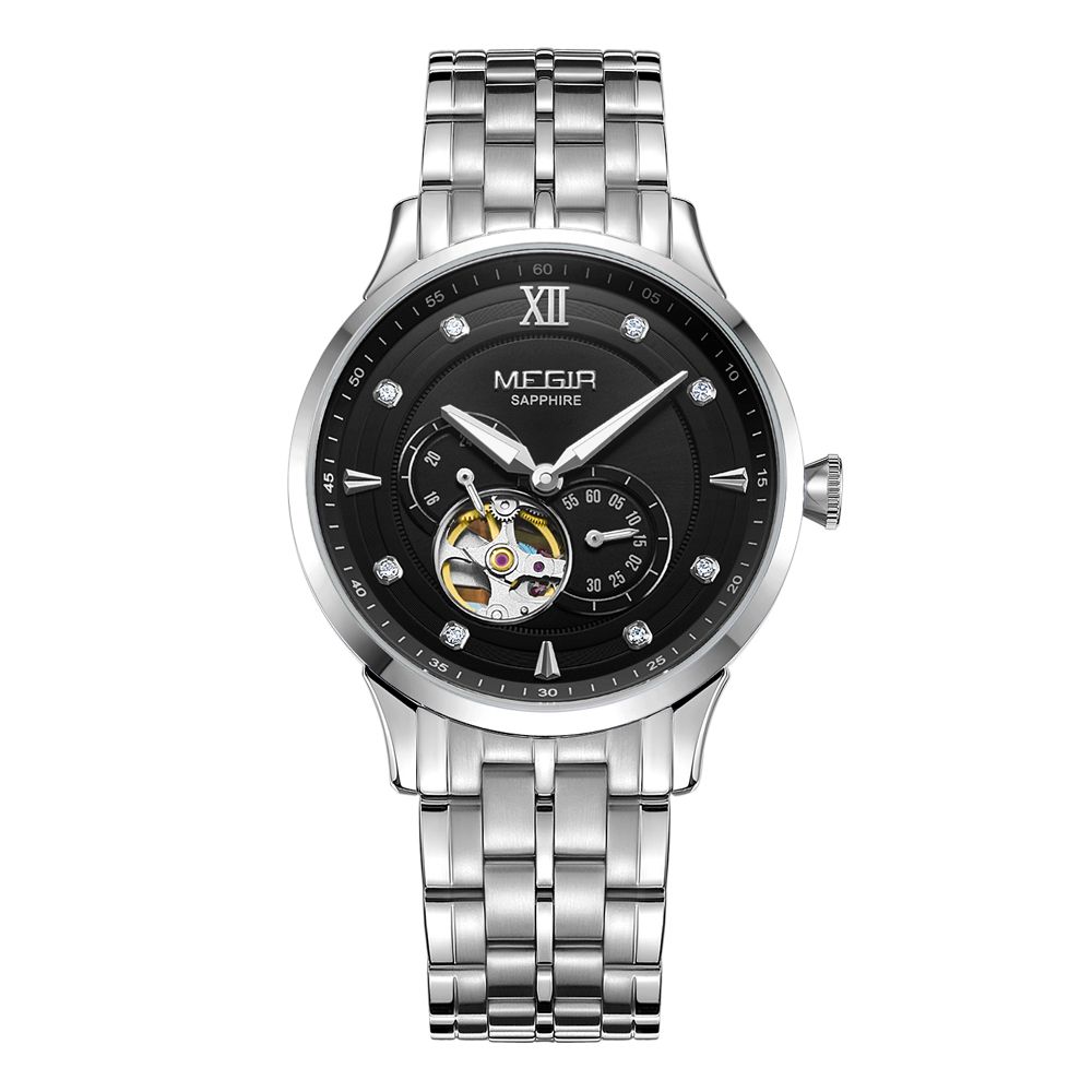 MEGIR 62053 men's automatic watch, silver case and bracelet with black open-heart dial and sub-dial, front view