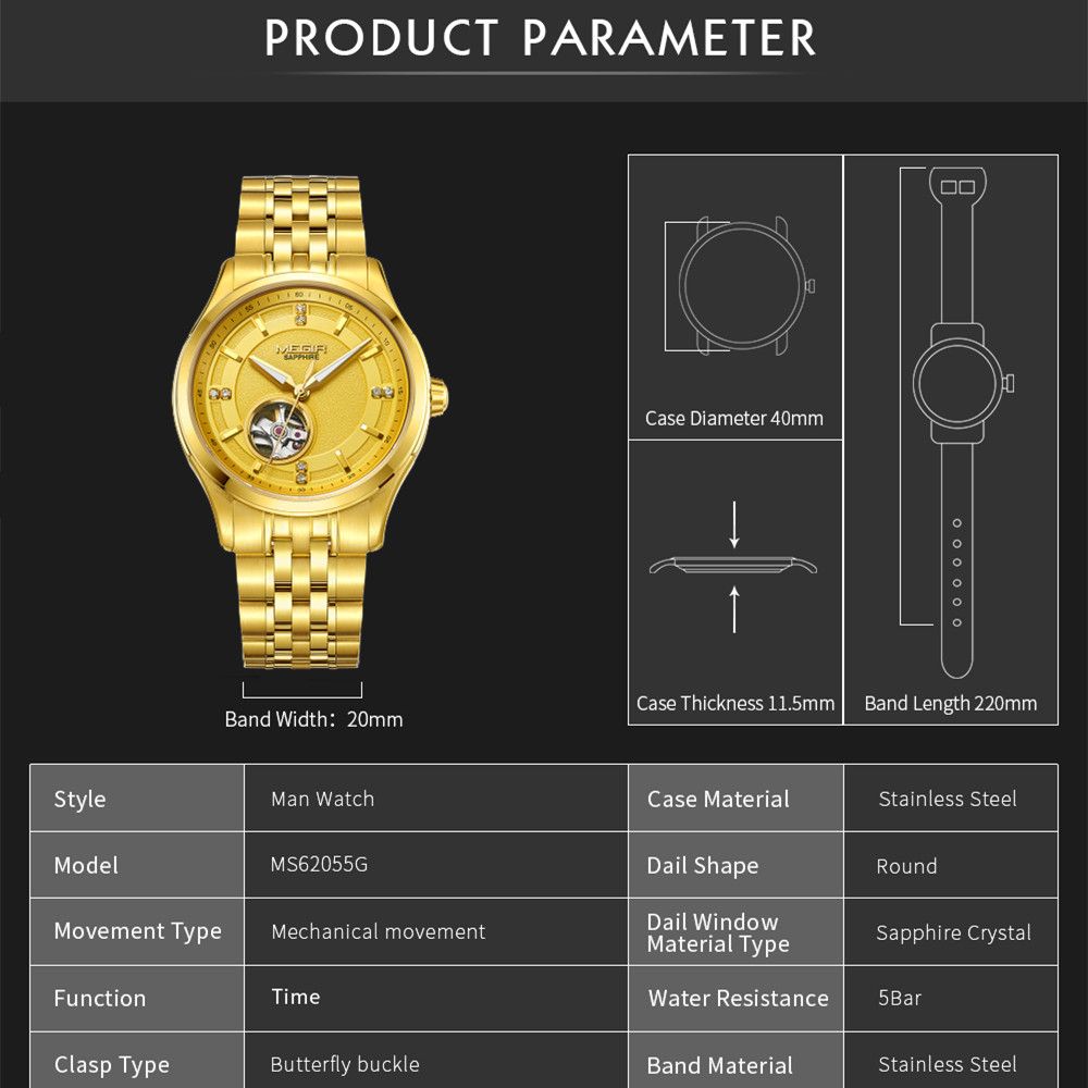 MEGIR 62055 men's automatic watch parameters graphic with case diameter, thickness and band dimensions