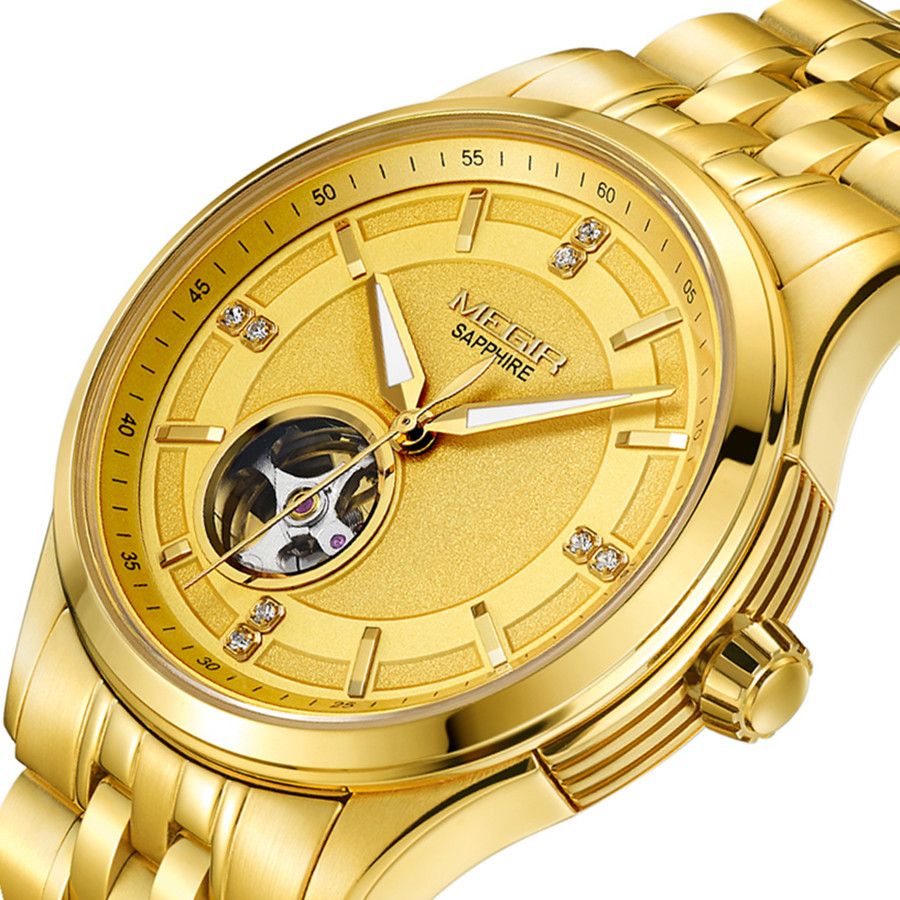 MEGIR 62055 men's automatic watch, gold-tone case and bracelet with gold open-heart dial, angled view