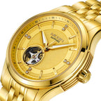MEGIR 62055 men's automatic watch, gold-tone case and bracelet with gold open-heart dial, angled view