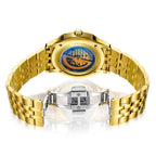 MEGIR 62055 men's automatic watch exhibition caseback showing the movement, with gold-tone bracelet and clasp