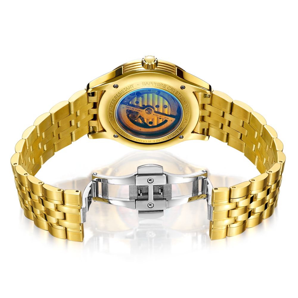 MEGIR 62055 men's automatic watch exhibition caseback showing the movement, with gold-tone bracelet and clasp