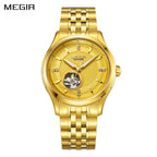 MEGIR 62055 men's automatic watch, gold-tone case and bracelet with gold open-heart dial, front view