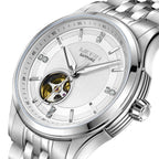 MEGIR 62055 men's automatic watch, silver case and bracelet with white open-heart dial, angled view