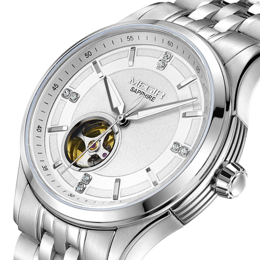 MEGIR 62055 men's automatic watch, silver case and bracelet with white open-heart dial, angled view