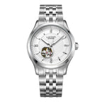 MEGIR 62055 men's automatic watch, silver case and bracelet with white open-heart dial, front view