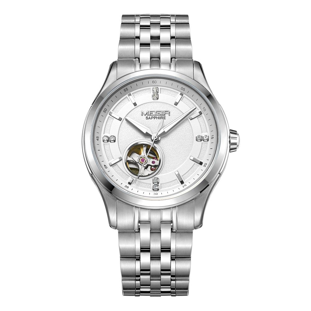 MEGIR 62055 men's automatic watch, silver case and bracelet with white open-heart dial, front view