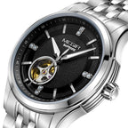 MEGIR 62055 men's automatic watch, silver case and bracelet with black open-heart dial, angled view