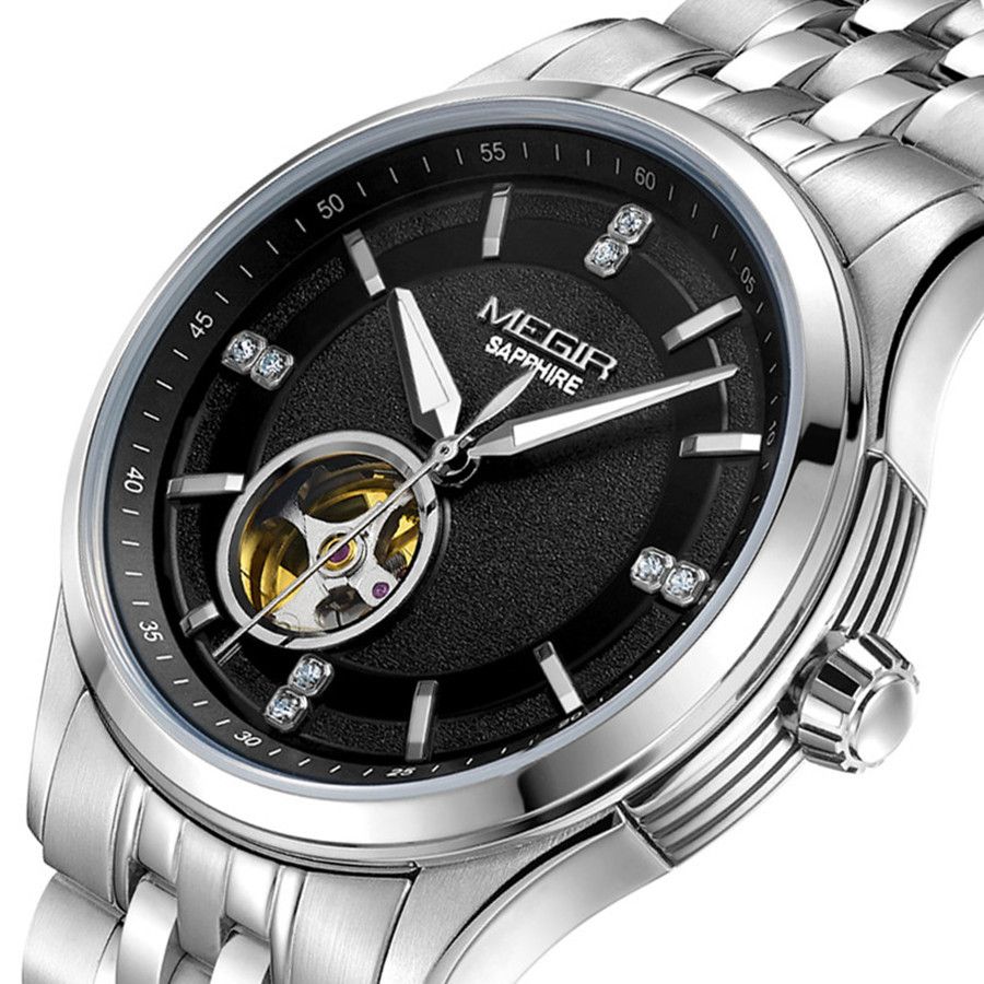 MEGIR 62055 men's automatic watch, silver case and bracelet with black open-heart dial, angled view