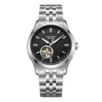 MEGIR 62055 men's automatic watch, silver case and bracelet with black open-heart dial, front view