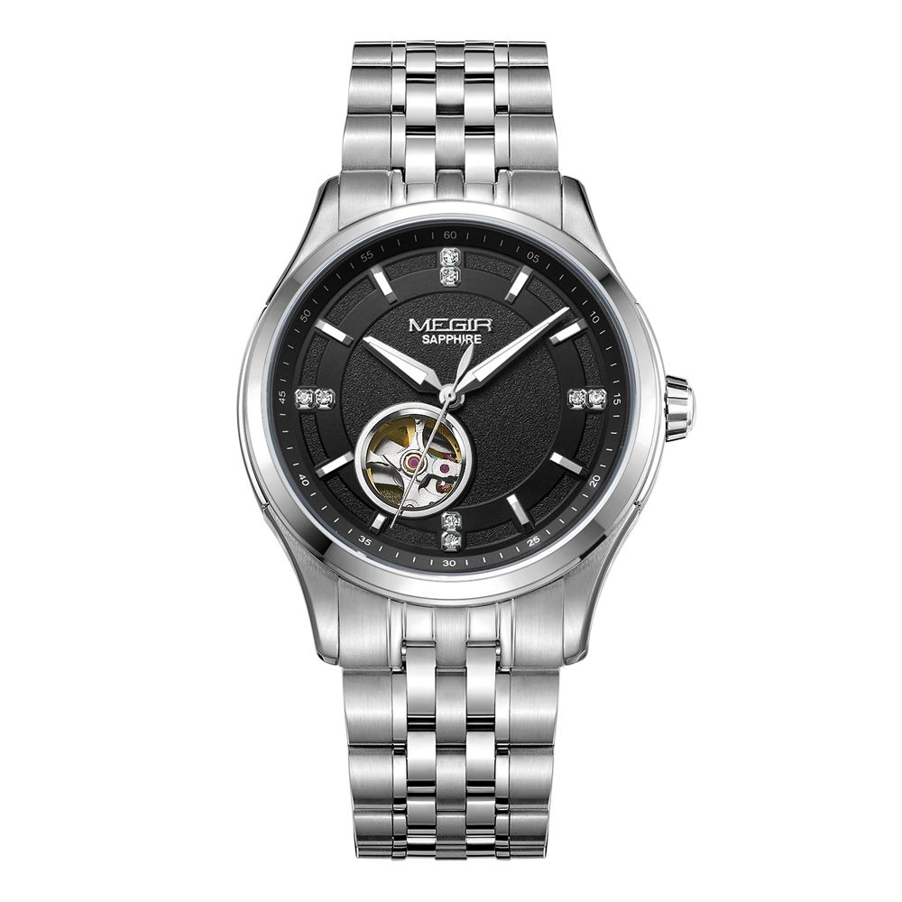 MEGIR 62055 men's automatic watch, silver case and bracelet with black open-heart dial, front view
