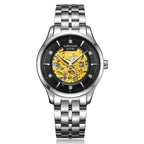 MEGIR 62058 men's skeleton automatic watch, silver case and bracelet with black-ring exposed movement dial, front view
