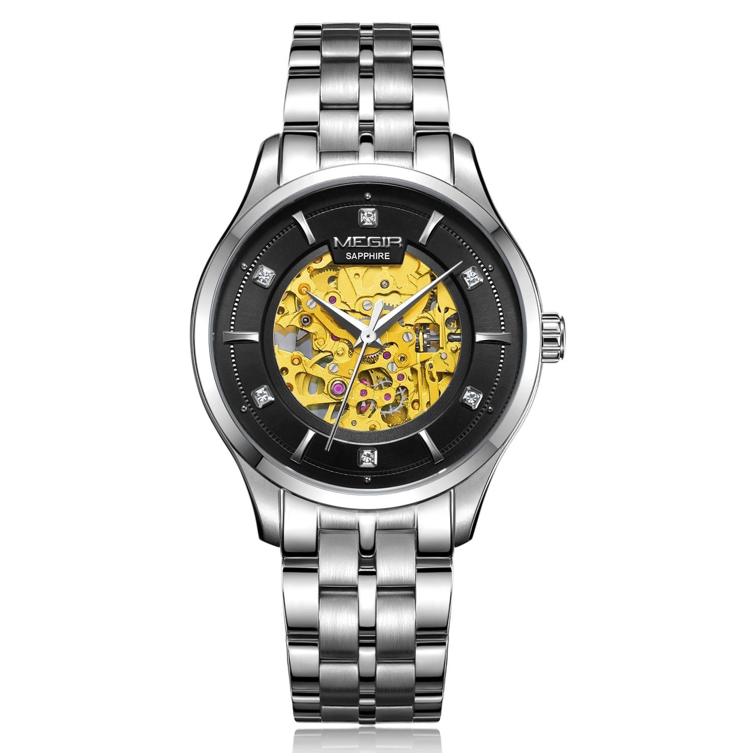 MEGIR 62058 men's skeleton automatic watch, silver case and bracelet with black-ring exposed movement dial, front view
