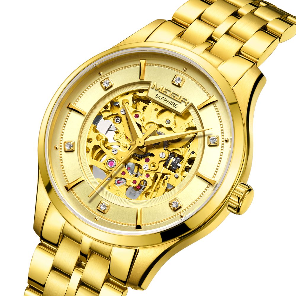 MEGIR 62058 men's skeleton automatic watch, gold-tone case and bracelet with exposed movement dial, angled view