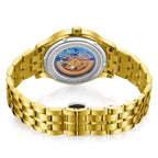 MEGIR 62058 men's skeleton automatic watch exhibition caseback and gold-tone bracelet, rear three-quarter view